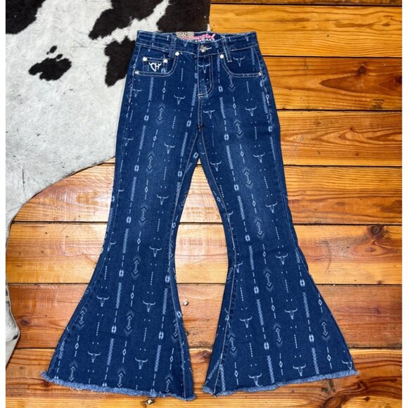 NEW Cowgirl Hardware Girl's Skull Aztec Bell Bottom Jeans - Picture 1 of 2